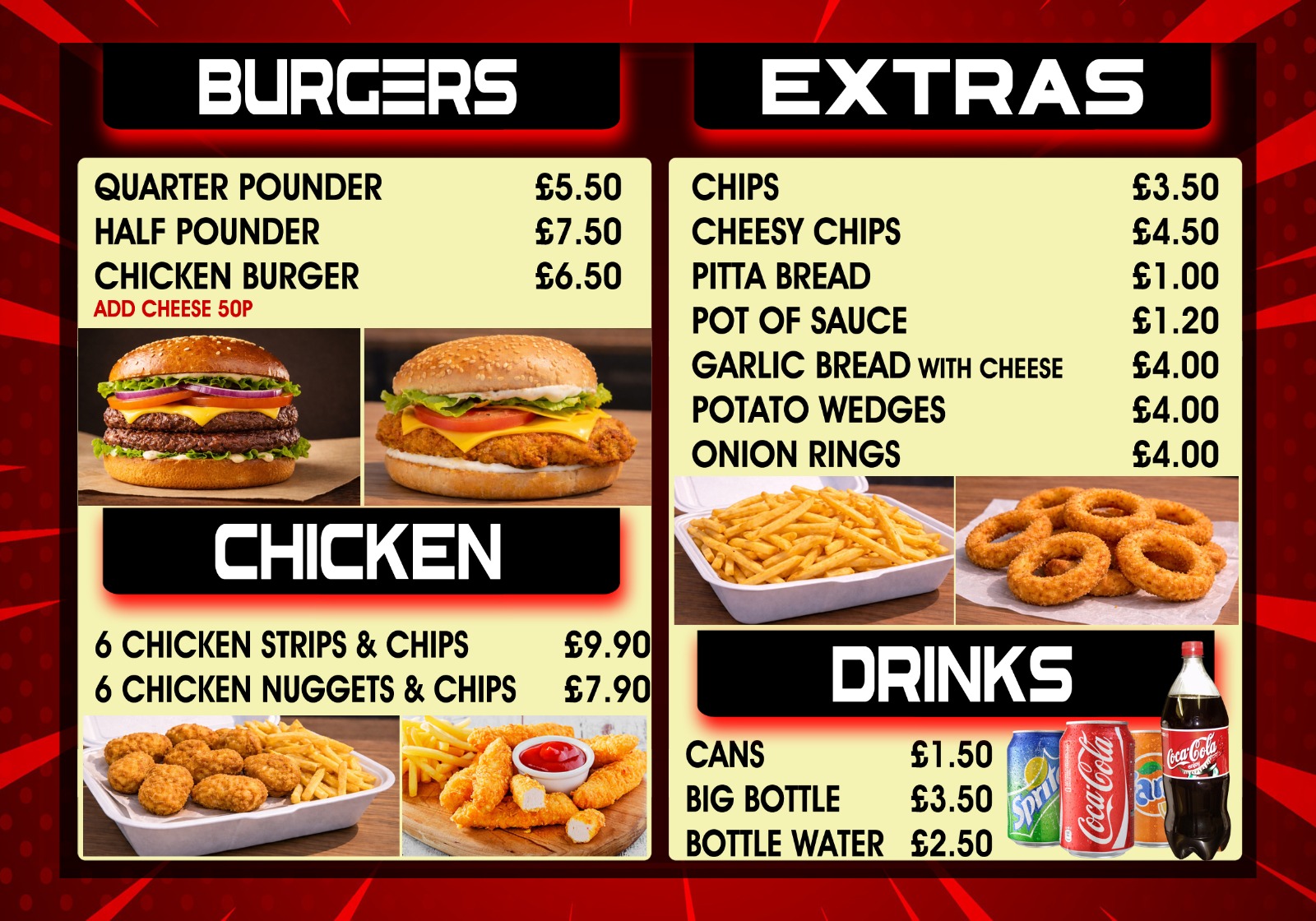 Duman Pizza & Grill menu — burgers, chicken strips and nuggets, extras like chips, cheesy chips, garlic bread, potato wedges and onion rings, plus drinks with prices
