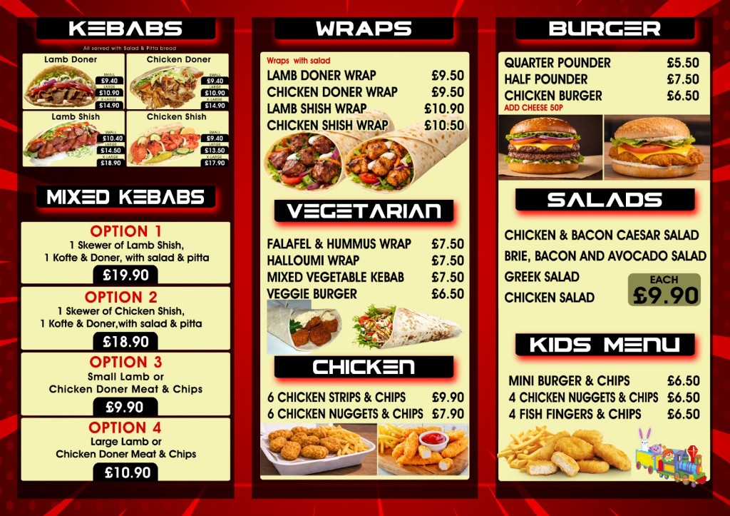 Duman Pizza & Grill menu — kebabs, mixed grills, wraps, vegetarian dishes, burgers, salads and kids menu with prices