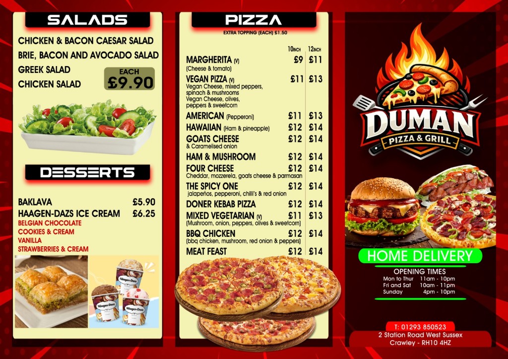 Duman Pizza & Grill menu — pizzas, kebabs, salads, desserts, opening hours and contact details